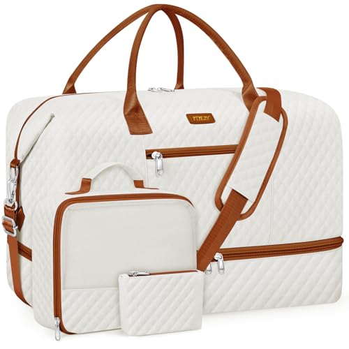 ITIEZY Weekender Bag for Women 21.5" Travel Duffel Large Carry On Bag 3PCS | Nylon Duffel Bag with Waterproof Shoe Compartment, Crossbody Bag and Toiletry Bag, Travel Weekend Hospital Overnight Gym Bag - color: 9a-Beige
