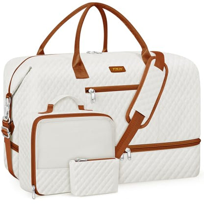 ITIEZY Weekender Bag for Women 21.5" Travel Duffel Large Carry On Bag 3PCS | Nylon Duffel Bag with Waterproof Shoe Compartment, Crossbody Bag and Toiletry Bag, Travel Weekend Hospital Overnight Gym Bag - color: 9a-Beige