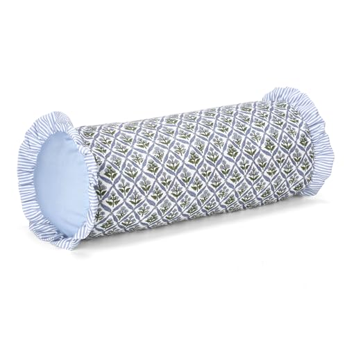 Ruffle Bolster Pillow Cover 8" x 20" Blue Block Print | Bolster Pillowcase with Ruffle, Decorative Cylinder Pillow Cover, Ideal for Indoor Outdoor Backyard Couch Sofa Bedroom Decor - color: Blue, size: 20 x 8 in, style: Block Print