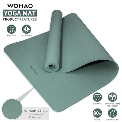 Extra Wide & Thick 8mm Yoga Mat, 72"x31.5" | Large Non Slip Exercise Mat, Premium POE Material, Superior Cushioning & Stability, With Strap for Home Gym, Pilates - color: Dark Green