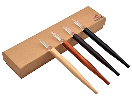 XIAOYU 4PCS Handmade Glass Wooden Dip Pen, Calligraphy Pen for Art Signatures Calligraphy Drawing Decoration, Short(16.5CM) - color: Short