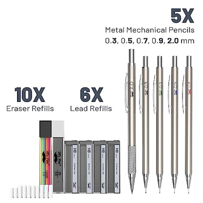 Mr. Pen- Metal Mechanical Pencil Set with Lead and Eraser Refills, 5 Sizes | 0.3, 0.5, 0.7, 0.9, 2mm, Drafting, Sketching, Architecture, Drawing Mechanical Pencils, Metal Mechanical Pencils