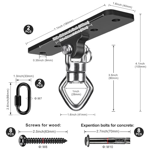 2Pack Ceiling Mount Swing Hanger with Bearing 900 LB Capacity Heavy Bag Hanger 360° Swivel Hook Hanging Chair Mount Stainless Steel Swing Hardware for Aerial Silks, Punching Bag, Hammock, Porch Swings - color: 2pack- 4 Holes Black Base Swing Hanger