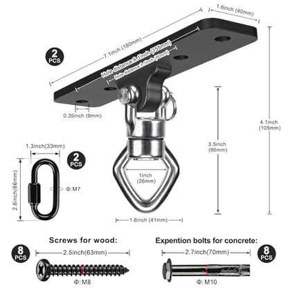 2Pack Ceiling Mount Swing Hanger with Bearing 900 LB Capacity Heavy Bag Hanger 360° Swivel Hook Hanging Chair Mount Stainless Steel Swing Hardware for Aerial Silks, Punching Bag, Hammock, Porch Swings - color: 2pack- 4 Holes Black Base Swing Hanger