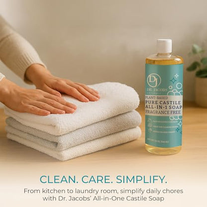 Dr. Jacobs Naturals Fragrance Free Castile All-in-One Cleaner and Soap - Plant-Based Formula for House Cleaning Floors and Appliances - Gentle on Skin and the Planet - 32 oz, 2 Pack - size: 32 Fl Oz (Pack of 2), style: Unscented