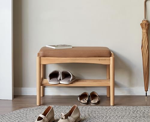 Oak Wood Shoe Bench, 24 Inch Entryway Bench with Brown Leather Cushion - color: Natural + Brown Leather Cushion, size: 23.62"