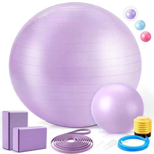 6-in-1 Yoga Balls and Yoga Block Set with Strap Foot Pump, Exercise Pregnancy Balls for Birthing, Pilates Kit Fitness Physical Therapy Home Gym Workout Equipment - color: Purple