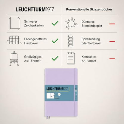 Leuchtturm1917 - Master A4 Hardcover Sketchbook (Lilac) - 112 Pages of 150g/m² Paper | 112 pages, thread binding, acid-free, folding case, lilac, drawing card, developed in Germany - color: Lilac, size: Master (A4+)