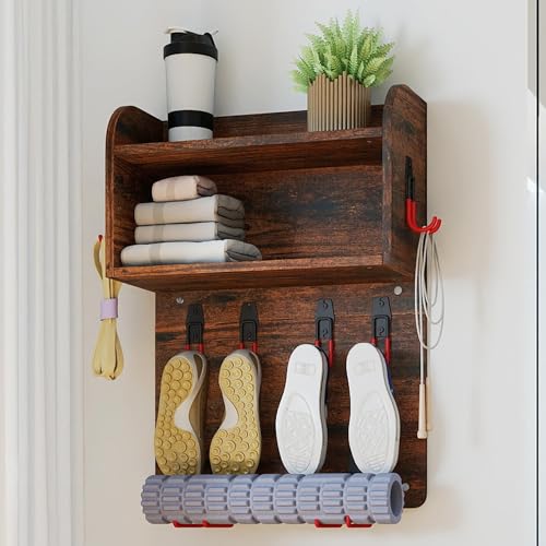 Home Gym Organizer,Wall Mount Yoga Mat Holder Rack,Home Gym Storage Rack for Workout Exercise Equipment,Garage Gym Accessories&Home Gym Must Haves,Rustic Brown&Black - color: Rustic Brown and Black