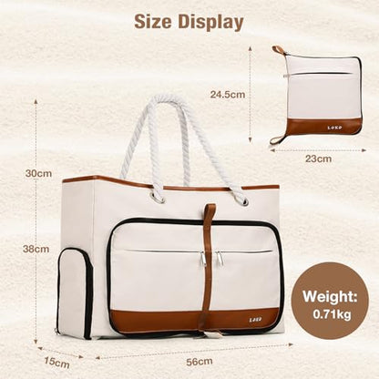 Beach Bag for Women - 35L Large Tote Bag, Waterproof & Sandproof, Zippered Carry On Bag for Pool, Beach & Travel - color: Beige