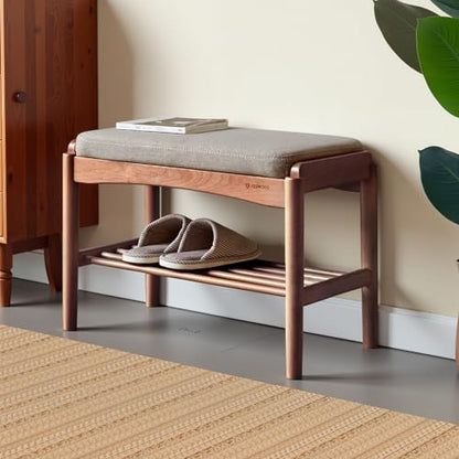 Solid Wood Shoe Bench, 24 Inch Entryway Bench with Gray Cushion - color: Walnut + Gray Cushion, size: 23.62"