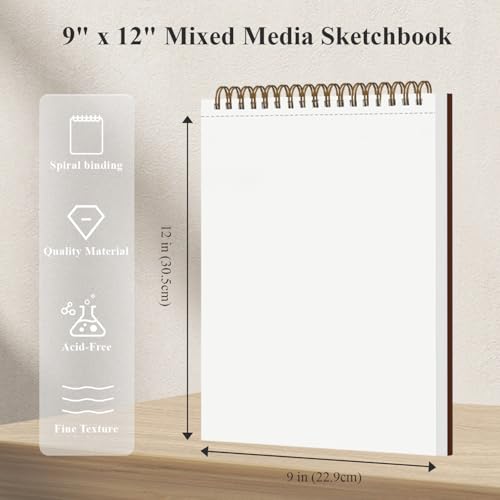 Mixed Media Sketchbook 9" x 12", 60 Sheets Each (98lb/160gsm), 2 Pack, Heavyweight Drawing Papers, Top Spiral Bound Hardcover Sketchbook, for Wet and Dry Media, Drawing, Painting - size: 9" x 12" (Pack of 2)