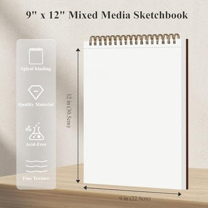Mixed Media Sketchbook 9" x 12", 60 Sheets Each (98lb/160gsm), 2 Pack, Heavyweight Drawing Papers, Top Spiral Bound Hardcover Sketchbook, for Wet and Dry Media, Drawing, Painting - size: 9" x 12" (Pack of 2)