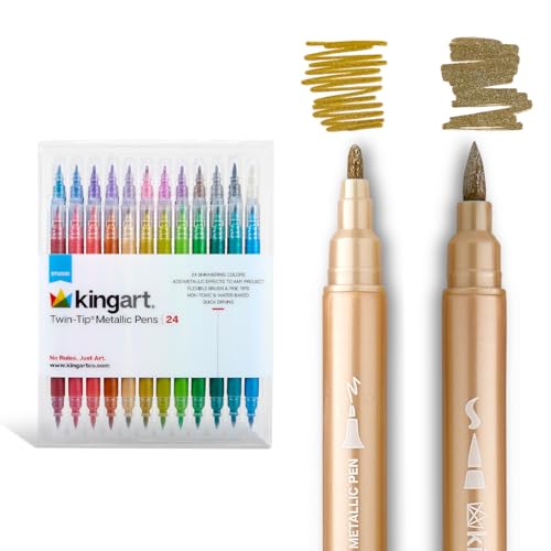 KINGART 24 Metallic Dual Tip Brush + Fine Markers - Easy for All Ages & Levels Pens for Card Making, Journaling, Scrapbooking, Fabric, Rock, Glass, DIY, Black Paper, Art Supplies, Halloween, Christmas