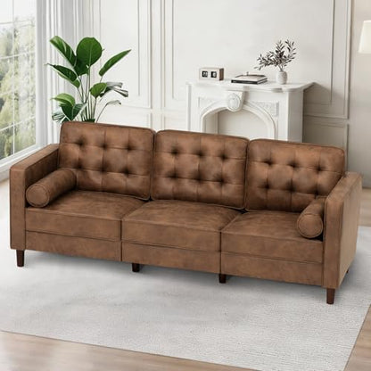 84" Suede Leather Modern Sofa with Bolster Pillows, Brown - color: Brown, size: 84" Sofa
