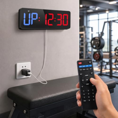 Gym Timer Clock, 12" Large Display LED Exercise Workout Interval - color: Blue&Red