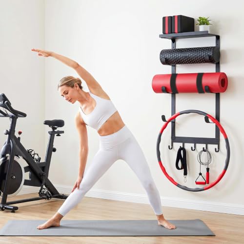 Yoga Mat Holder Wall Mount, 4-Tier Home Gym Storage Rack with 5 Hooks & 3 Yoga Mat Portable Straps, Heavy Duty Metal Yoga Mats Organizer With Floating Shelf for Foam Roller, Resistance Bands