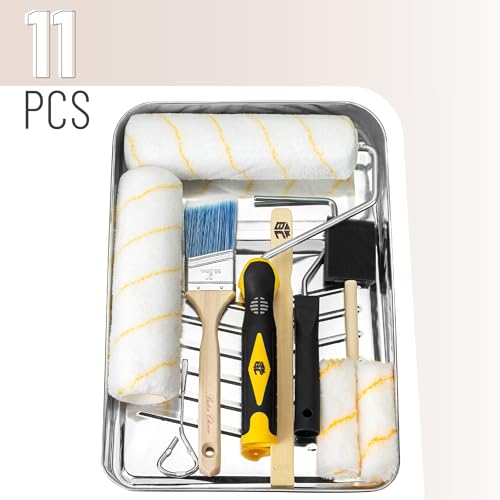 Bates- Paint Tray Set, Paint Roller Kit, 11 pcs, 9" & 4" Rollers, Small Roller, Trays & Covers for House Painting Supplies - style: Metal Tray 9", 4", 11 pcs
