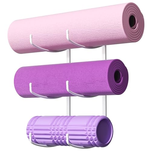 Yoga Mat Holder Wall Mount, 3-Tier Yoga Mat Storage Rack for Gym, White - color: White