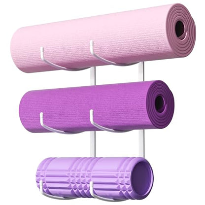 Yoga Mat Holder Wall Mount, 3-Tier Yoga Mat Storage Rack for Gym, White - color: White