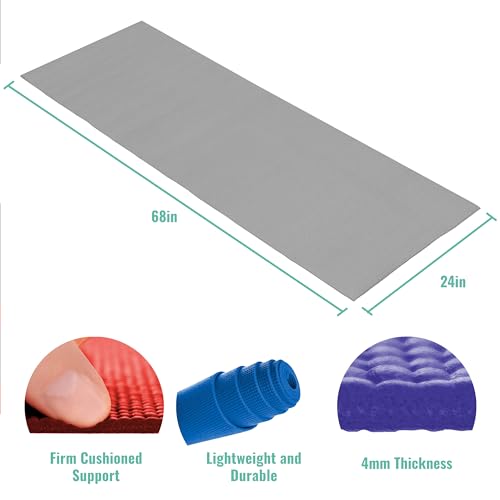 Bulk Yoga Mats, 12 Pack, With Strap, 68x24in, 4mm | Bulk Non Slip Exercise Mats for Workout, Stretching, Fitness - Wholesale Non Toxic Gym Mats for Home, Schools and Studios - color: Assorted