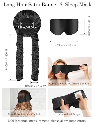 Satin Bonnet for Sleeping with Eye Mask，No Slip Sleep Bonnet with Long Curling Ribbons for Braids & Long Hair - color: Black