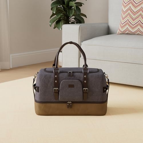 Nerlion Weekender Bag with Shoe Compartment Large Overnight Bag for Men Canvas Genuine Leather Carry on Luggage Bag Travel Duffel Bag(Gray) - color: Gray