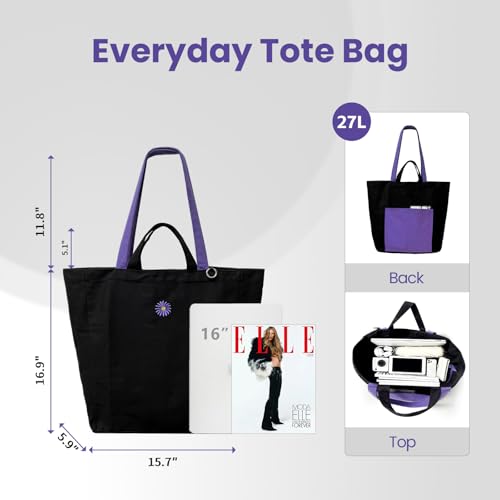 Commuter Tote Bag for Women, Black Canvas Shopping Tote, 27L Everyday Work Bag with Zip Top, 2 Outer Pockets, Short Handles, Inner Zipper Pocket, Utility Carryall for Laptop, Lunch and Grocery Runs