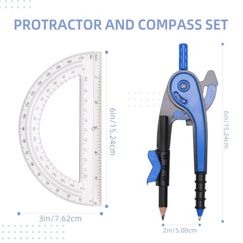 YOOUSOO Compass and Protractor Set, Student Geometry Math Set, Drawing Compass and 6 Inch Clear Swing Arm Protractors 180 Degree Math Protractor, Back to School Supplies