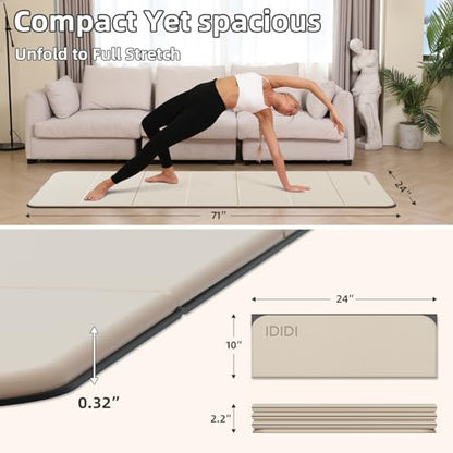 Foldable Yoga Mat Extra Thick 0.32"(8mm) | Folding Exercise Mat,Odorless POE, Non-Slip Grip, No-Curl Edges, Great for Yoga, Pilates & Home Workouts - color: Beige