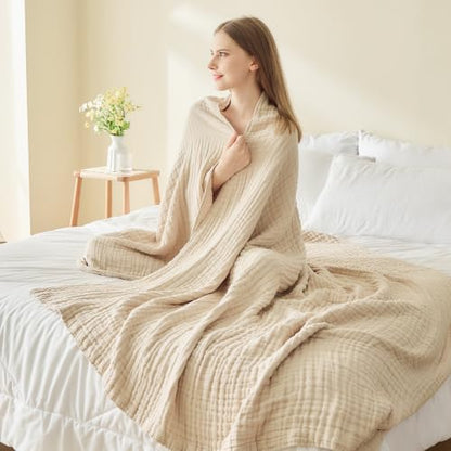 EMME Cotton Blanket King Size for Bed Soft Muslin Blankets 108"x90" Beige Lightweight Breathable Layering Bedspread Coverlet All Season Gauze - color: 02 - Beige, size: King (108" x 90")