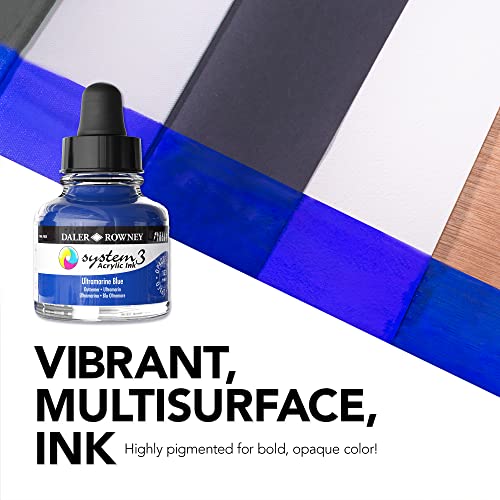 Daler-Rowney System3 Acrylic Ink Set of 3 Starter Colors- Versatile Acrylic Ink for Artists and Students - Opaque Calligraphy Ink for Drawing Illustrating Airbrushing Dip Pen Ink and More