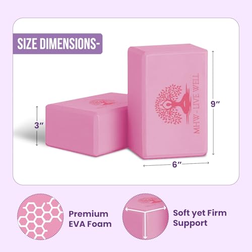 LIVE WELL Pink Yoga Blocks (Set of 2) - EVA Foam Yoga Bricks for Support, Stretching & Alignment - Yoga Accessories for Home & Studio, 3x6x9 inches
