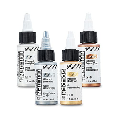 Golden Acrylics High Flow Acrylic Paint Set - 4 Iridescent Metallic Colors, Copper, Gold, Silver, Pearl - 1 Ounce Bottles - Metallic Acrylic Paint for Mixed Media, Calligraphy, Airbrush, and Brushes
