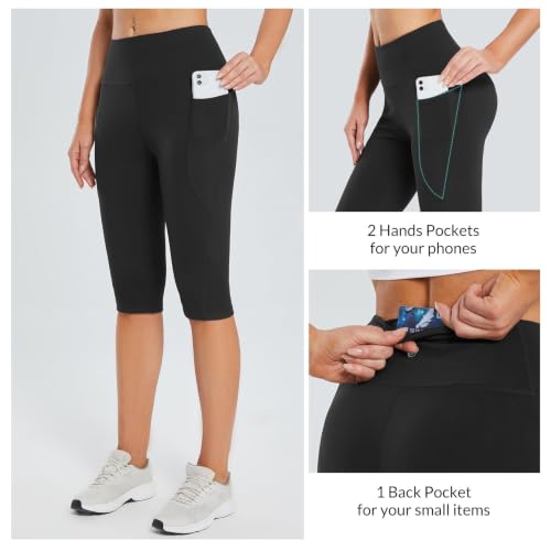 baleaf Women's Capri Leggings with Pockets Knee Length High Waisted - color: Black, size: Small