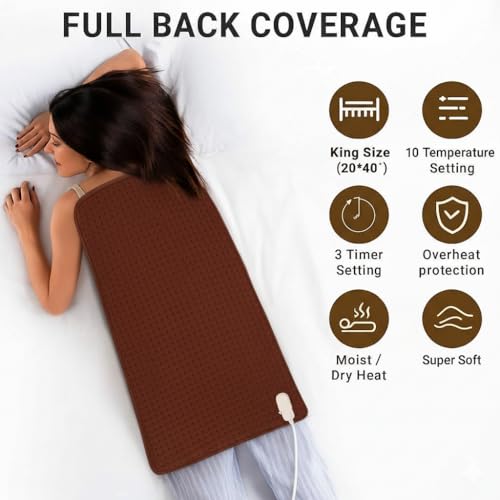 Full Back Heating Pad,20x40 Extra Large Heating Pad for Back Pain Relief,with 10 Temperature Controllers & 3 Auto-Off Timers,Dry/Moist Heat Therapy for Muscle,Joint,Menstrual Cramps (Brown) - size: 20x40 Inch Brown