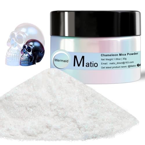 Matio Chameleon Mica Powder, 1.06oz/ 30g Mermaid White Chrome Powder | Pearlescent Effect Color Shift Pigment for Resin Craft, Soap Candle Dye, Nail Art,Bath Bomb, Paint, Slime Pigment - color: W-Mermaid