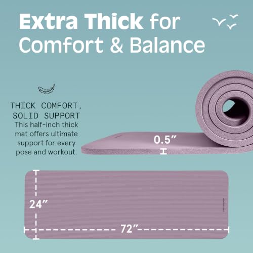 Retrospec Solana Yoga Mat Thick 1/2in Non-Slip Workout Mat with Nylon Strap - 72x24in Exercise Mat for Pilates, Stretching & Fitness - BPA Free, Easy Clean - color: Violet Haze
