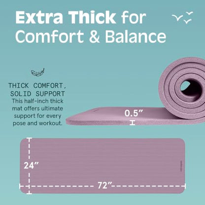 Retrospec Solana Yoga Mat Thick 1/2in Non-Slip Workout Mat with Nylon Strap - 72x24in Exercise Mat for Pilates, Stretching & Fitness - BPA Free, Easy Clean - color: Violet Haze