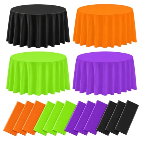 12 Pcs Halloween Round Tablecloth, Orange Black Purple Green | 84 Inch, Waterproof, Disposable Plastic Table Covers, for Witch Vampire Halloween Party Decorations - color: Rainbow Color