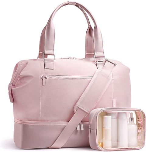 Travel Duffle Bag for Women, 40L Weekender Bags Airline Approved Carry On with Shoe Compartment & Waterproof Wet Pocket, Durable Nylon Weekender Overnight Bag for Travel, Gym, Business Trip, Pink - color: Pink