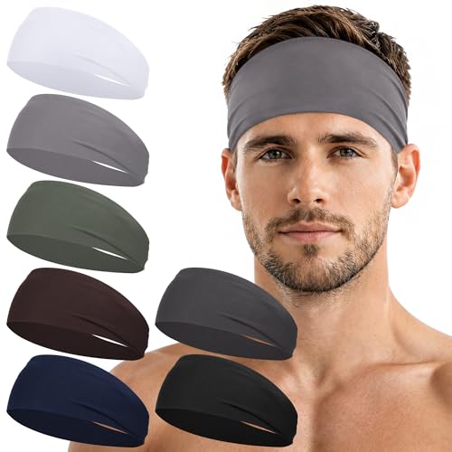 7 Pack Sports Headbands for Men, Sweat Absorbent Non Slip Elastic Headband, Quick Dry Workout Running Yoga Gym Head Wrap for Outdoor Work - color: Black White Army Green Dark Gray Dark Blue Light Gray Brown