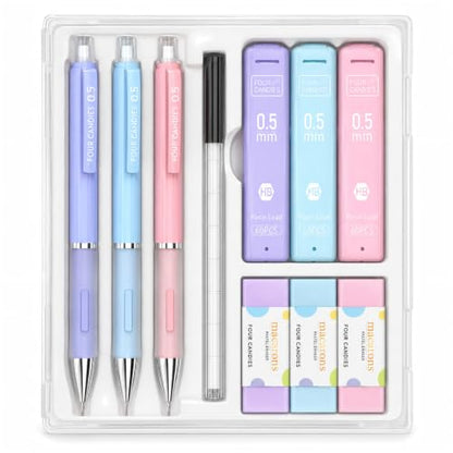 Four Candies 0.5mm Pastel Mechanical Pencil Set with Case, 3-Pack | 360 Leads, 3 Erasers+9 Refills, Cute Pink/Purple/Blue Barrels, Non-Slip Grip, Fine Lines for Notes, Tests & Drawing - style: 0.5mm