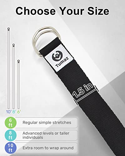 Tumaz Yoga Strap for Stretching with Adjustable D-Ring, 6/8/10 ft - color: 11. Just Black, size: 6 Feet