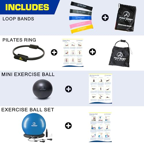 ProBody Pilates Ultimate 4 pc Kit - Pilates Ring, 65 cm Yoga Ball with Base and Bands, 9" Ball