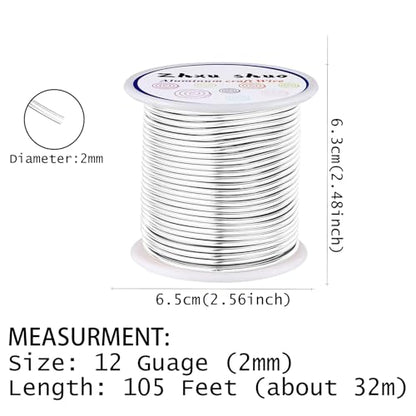 12 Gauge(2mm) Aluminum Wire 35 Yards Anodized Metal Wire for Bonsai Armature Crafting Sculpting Jewelry Craft Making Beading Floral (Silver, 12 Gauge) - color: Silver