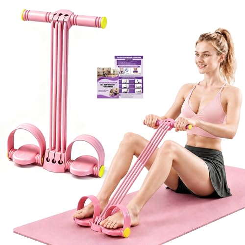 Multifunction Foot Pedal Resistance Bands with Handles, 6-Tube Adjustable Elastic Yoga Exercise Bands, Home Gym Fitness Equipment for Abdomen, Core, Waist, Arm, Leg Stretching（Pink）