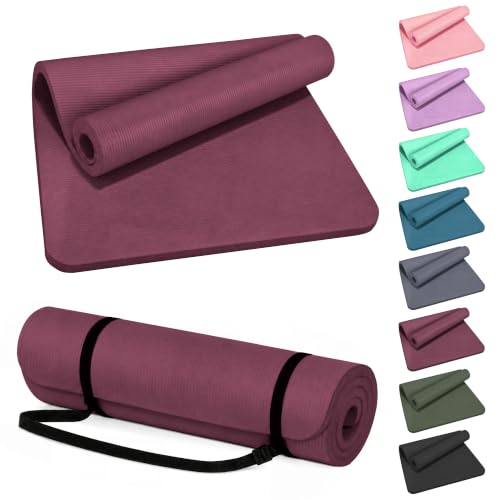 HULKFIT High Density Non Slip Yoga Mat, Extra Thick Exercise Mat with Carrying Strap, for Pilates, Fitness, Home Gym & Floor Workouts - Multiple Thickness & Multiple Color - color: Burgundy, size: 71"L x 24"W x 0.5"Th