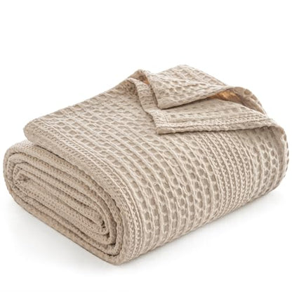 PHF Lightweight Waffle Weave Blanket Queen for Bed Light Tan 90"x90" - color: Light Tan, size: Queen(90"x90")