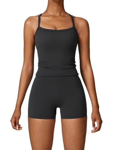 QBGJTD Two Piece Workout Sets For Women Tank Top Matching High Waist Booty Lifting Shorts Gym Yoga Active Wear Outfits - color: Black, size: X-Small